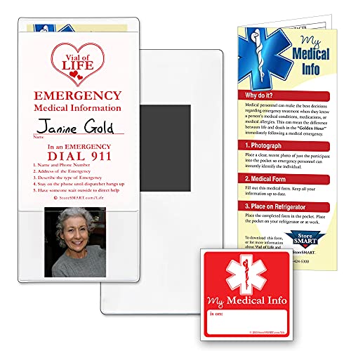 StoreSmart - Vial da vida Informações médicas Pocket - Magnetic Back - 5 -Pack - Para geladeira, armário, armários de arquivamento - VHTSM -5