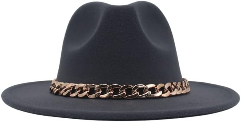 Yoyoiei unissex largo brim felt panamá chapéu vintage fedora vestido chapéu com fivela de corrente de metal