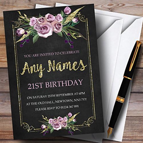 Efeito de giz Pink Gold Floral 21º convites de festa de aniversário personalizados