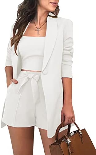 Conjuntos de blazer de 3 peças para mulheres de botão frontal aberto + tops + shorts de fundo com conjuntos de trajes de negócios de
