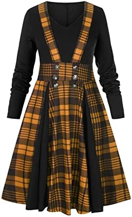 Vestidos góticos xadrez para mulheres de manga comprida Bib Fake Fake Duas peças Vestido de balanço Midi V Neck Vintage Dress
