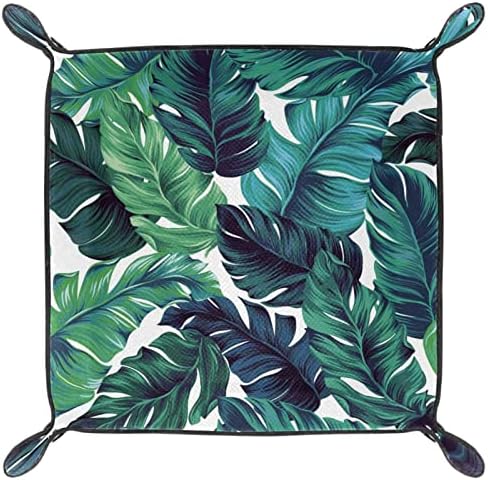 Bandeja de manobrista de couro, padrão verde de folhas de palma tropical, caixas de armazenamento Organizador de armazenamento