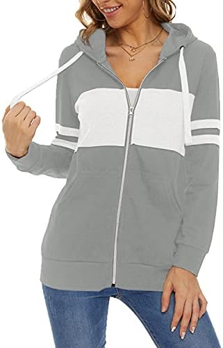 Zip up capuzes para mulheres caem na manga longa Jackets de bloco de cores leves com zíper