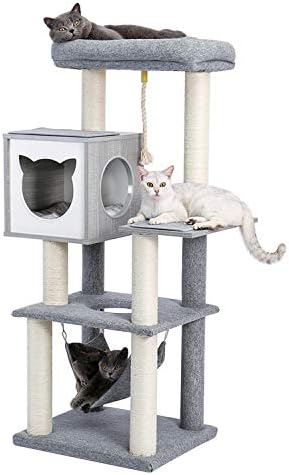 Árvore de gato 52 polegadas para gatos internos com postes de arranhões escalando buraco de madeira moderna de madeira com rede e pós-arranhões e condomínio para gatos para gatos adultos cinza