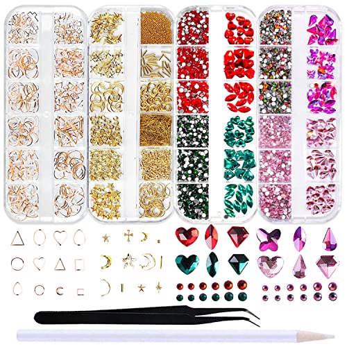 Silpecwee 4 caixas unhas jóias e encharms strass-back short-back para unhas craveiras de unhas 3d miçangas douradas strassnestones vidro cristal unha diamante metal jóias unhas decoração de arte