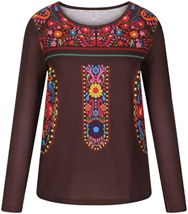Tops estampados bordados mexicanos para mulheres tribais camisa camisa boêmia de manga longa blusa de túnicas casuais
