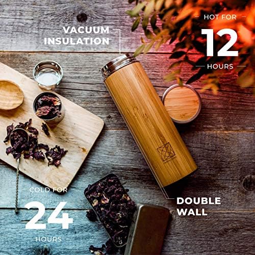 Santai Living Premium Bamboo Thermos com Infusor de chá e Super Filtro 17oz Capacidade - Mantém quente e fria por 24 horas - Vacuum isolado aço inoxidável Viagem Tumbler de chá Infusor Garrafa para chá e café
