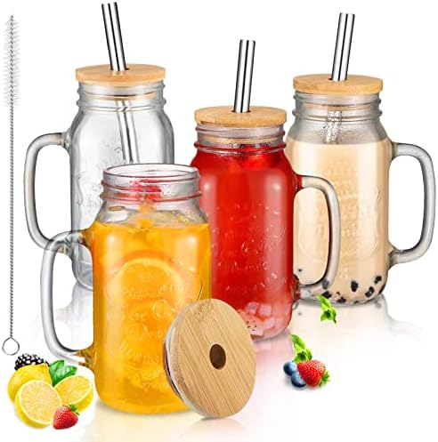 4 Pack Mason pode jarra canecas com maçaneta, tampas de bambu e canudos de aço inoxidável 24 oz jarra de smoothie