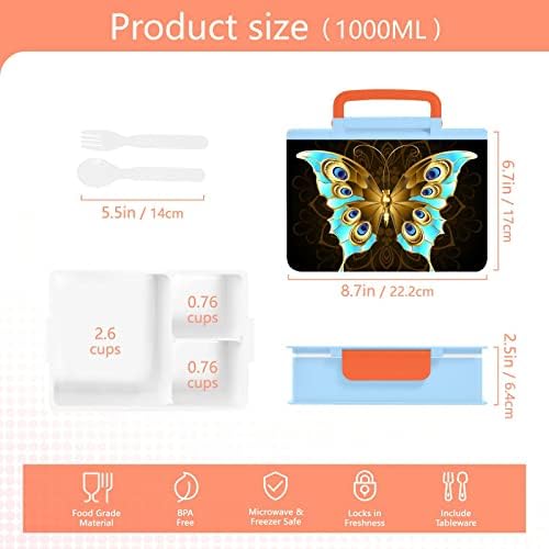 Alaza Gold & Turquoise Butterfly Print Bento Lancheira BPA Recipientes de almoço à prova de vazamentos sem bPA com garfo e colher, 1 peça