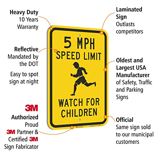 SmartSign 18 x 12 polegadas “Limite de velocidade de 5 mph - relógio para crianças” Sinal de metal, alumínio 63 mil, material refletivo de grau de engenheiro laminado 3m, preto e amarelo