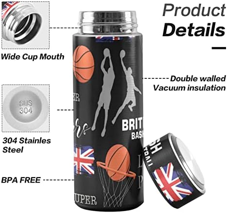 Cataku British Basketball Sport Water Bottle Isolado Isolado 16 oz de aço inoxidável garrafa térmica para tomar café bebida de