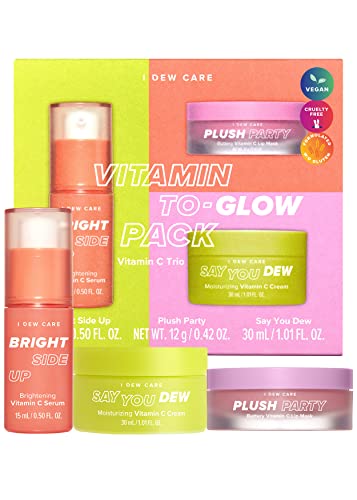 I Dew Care Skincare Conjunto - Vitamina To Glow Pack | Dia das mães, presente, dia de spa, conjunto de presentes, soro, creme, máscara labial, trio de vitamina C iluminante com niacinamida, tamanho da viagem