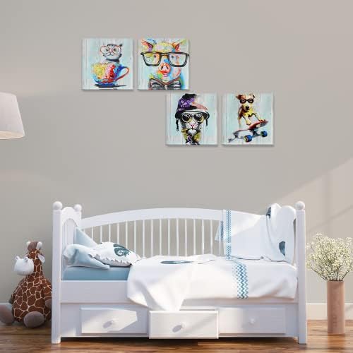 Funny Colorful Animal Canvas Arte de parede Pinturas impressas 4 peças desenho animado Cão de gato de gato com óculos Fotos de arte para berçário Decoração de animais de quarto de crianças