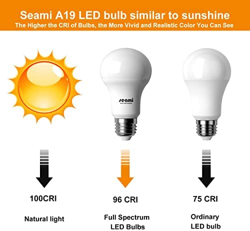 Lâmpada LED de Seami A19 semelhante ao sol, lâmpada completa do espectro, lâmpada de terapia de luz, 13W Substitua por 100w, 4000k 120V E26 Base, melhore a qualidade do sono à noite