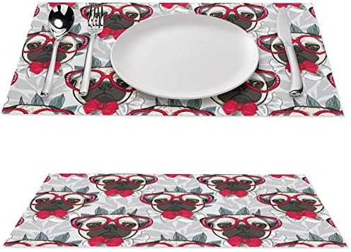 Pug engraçado com arco vermelho e óculos PVC TABELA TAPS DE TABELA LAVABLÁVEL Placemats Tonela de mesa Pad para mesa de jantar