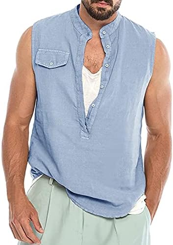 Camisetas sem mangas de linho de algodão ubst para homens Henley Button V Neck Vest Holida de verão Tampas de praia casuais