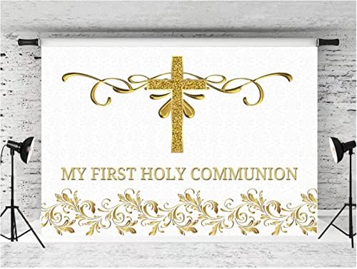 Minha primeira comunhão fotográfica de pano de fundo Golds Cross Gold Bless Baptism Background Table White Banner Props Vinil