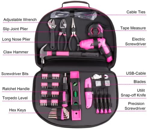 Tool de ferramentas rosa de 122 peças de 122 peças com chave de fenda elétrica rotativa de 3,6V, kit de ferramentas domésticas