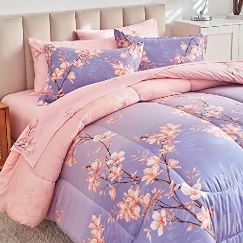 Aikasy Pink e Light Purple King Consolador com lençóis, cama em uma bolsa 7 peças, galhos e design de impressão de flores, Ultra Soft Down Alternative durante toda a temporada Conjunto de cama