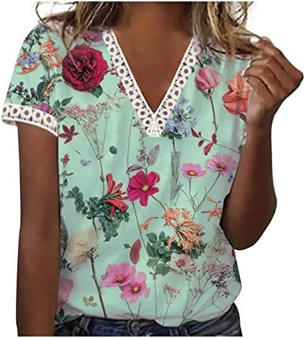 Tops estampados florais para mulheres, mulher de verão de verão em vistos de laca de lace de crochê de manga curta túnicos