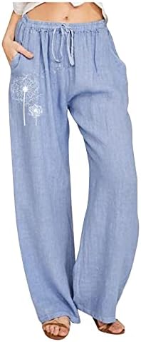 Calças de linho de algodão para mulheres calças de verão casuais com bolsos de cordão folgado de cordão