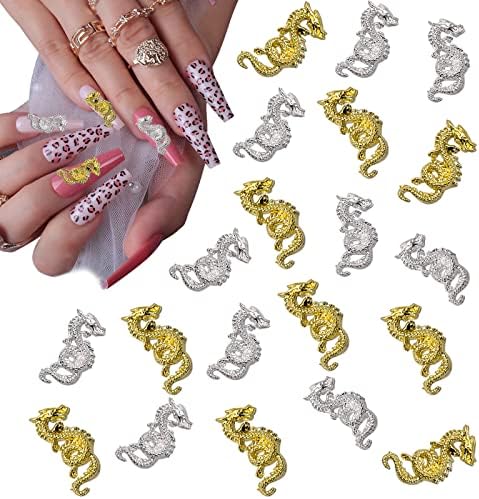 20pcs 3d liga dragão encantos de unhas de metal dourado e lasca chinês zodíaco dragão unhas de unhas de madrugada para