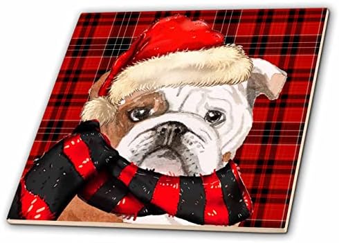 3drose um bulldog inglês de Natal em um chapéu de Papai Noel na xadrez de férias vermelhas - azulejos