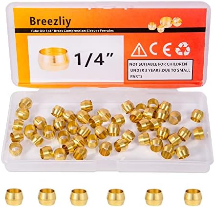 Breezliy 50pcs tubo od od 1/4 mangas de compressão de latão Ferrules, kit de sortimento de ajuste de compressão de latão