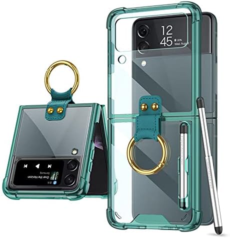 Shieid Samsung Galaxy Z Flip 3 Case, Galaxy Z Flip 3 Case com anel e capacitância caneta protetora para Samsung Galaxy Z Flip 3 5G, verde escuro