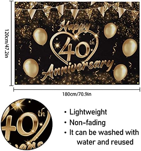 Feliz 40º aniversário da bandeira decoração de Black Gold - Glitter Love Heart Happy 40 anos Aniversário de casamento Decorações