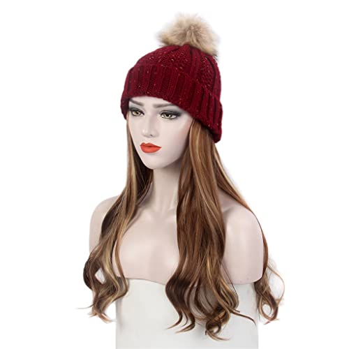 Yfqhdd moda europeia e americana hapsa de cabelo chapéu de malha vermelha peruca longa peruca marrom encaracolado e chapéu