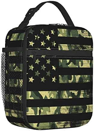 bandeira americana de vlaxwaif com lancheira verde camuflagem lanchonete isolada para mulheres homens, durável almoço portátil adulto mais almoço para meninos lancheira garotas de garotas com bolso lateral para a escola de trabalho