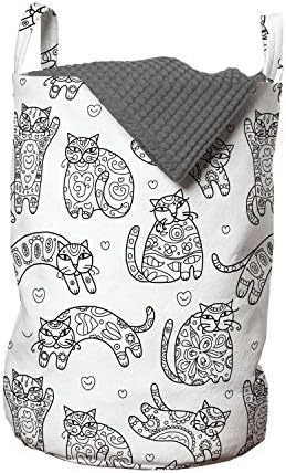 Bolsa de lavanderia de gatos de Ambesonne, gatinhos ornamentais com arte de amarro de padrões florais Arte de esboço, cesto de cesto com alças fechamento de cordão para lavanderias, 13 x 19, branco preto branco
