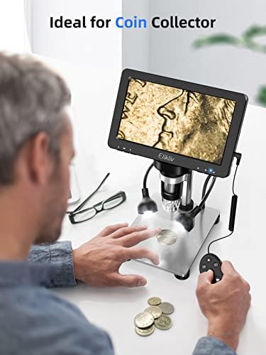 Elikliv 7 Microscópio Digital LCD 1200X, microscópio de moeda 1080p com controle remoto com fio, foco ultra-precioso de 12MP, 10 luzes de enchimento LED, vista para PC, suporte de metal, Windows/Mac compatível, 32 GB