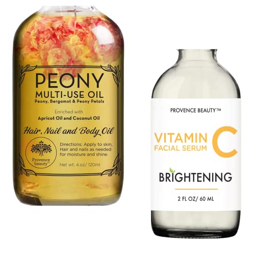 Óleo multiuso peony para rosto, corpo e cabelo e vitamina C soro facial do iluminação