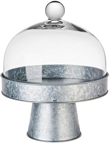 Kmwares 8,8 x7.9* Fazenda decorativa Galvanized metal aço de aço de bolo redondo com cúpula cloche de vidro e capa de bolo de sobremesa na cozinha e sala de jantar