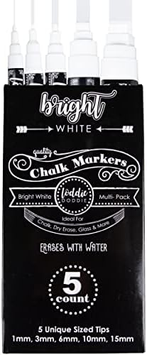 Loddie Doddie White Chalk Markers para sinais, quadro -negro, janela do carro, vidro - 5 dicas exclusivas - Ultra Fine, Fine, Médio, Dicidas Broad e Jumbo - Galk Líquido Apagável