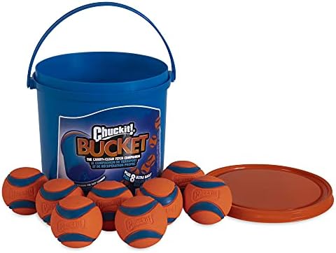 Chuckit! Brinquedo Ultra Ball Fetch para cães, pacote de tamanho médio 8 com balde de limpeza e brinquedo de cachorro de bola