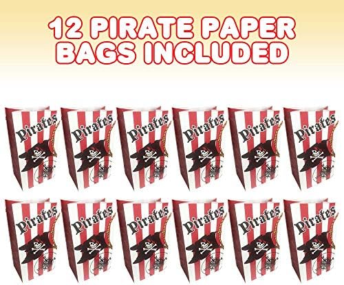 Artcreativity Pirate Party Favor Smags, pacote de 12, sacolas de papel com tema de pirata, sacos de tratamento duráveis, suprimentos para festas piratas e favores para aniversário, chá de bebê, guloseimas de férias