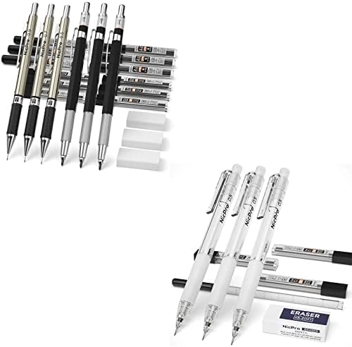 Lápis mecânicos de arte Nicpro 9 PCs, lápis de desenho de policarbonato de metal e metal 0,5 mm e 0,7 mm e 0,9 mm e 3