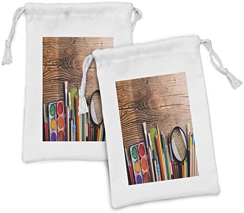 Conjunto de bolsas de tecido colorido de Ambesonne de 2, equipamentos de pintura usados ​​na mesa de madeira close