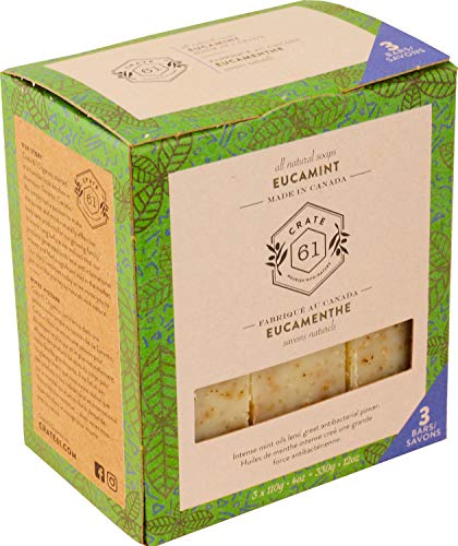 Crate 61, sabão vegano de barra natural, eucalipto e hortelã -pimenta, 3 pacote, sabonete artesanal com óleos essenciais premium,