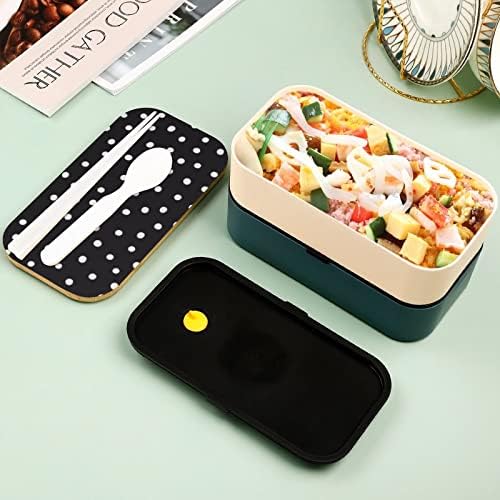 Black White Polka Dots Lunch Recectista 2 Modern B-en-to Box Modern com garfo e colher para jantar fora do trabalho