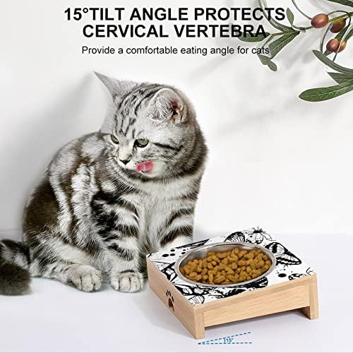 Butterflies preto e branco Tigela de gato de gato aço inoxidável anti -vômito alimentador de animais de estimação BONDAS BONLES CONJUNTO 15 ° TILTED com suporte elevado