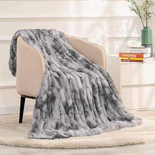 Recyco Rabbit Soft Faux Pur Throw Plain, cobertor luxuoso para férias de Natal, sofá, cama, sala de estar, sofá. Cobertor difuso e quente com veludo reversível, cinza marmorizado, 60 x80