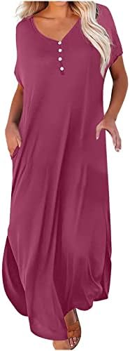 Vestidos maxi de verão lmdudan para mulheres vestido de bolso de cor sólida de cor solta de manga curta V para pescoço praia vestidos