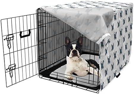 Capa de caixas de cachorro de cães de Ambesonne, filhote de filhote husky Siberiano Energético Pet Alaskan Estilo de desenho de desenho animado frio, fácil de usar capa de canil para cães pequenos cachorros gatinhos, 18 polegadas, azul cinza preto branco