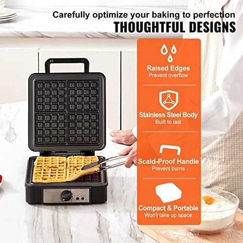 VEVOR WAFFLE Maker 1200W Waffle Iron, máquina de padeiro de waffle antiaderente com controles de escurecimento de cinco setting, fabricante de waffle belga de 4 fatia com fábrica com revestimento de teflon, 120V, 120V