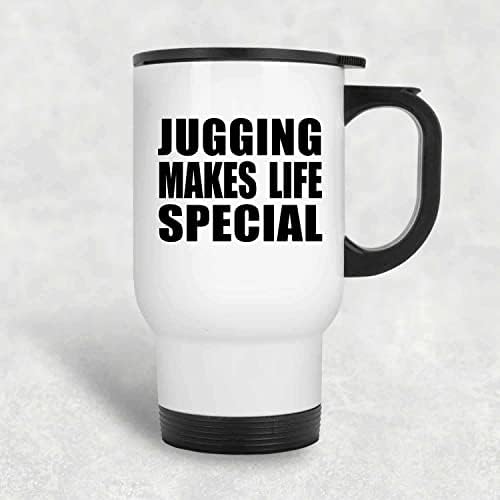 Designsify Jugging torna a vida especial, caneca de viagem branca de 14 onças de aço inoxidável, copo isolado, presentes