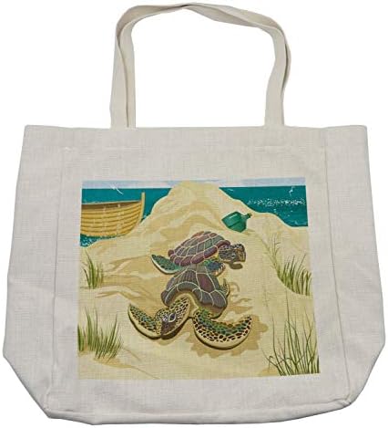 Bolsa de compras de tartarugas de Ambesonne, ilustração de 2 tartarugas marinhas em garrafa de grama de barcos de praia de verão,